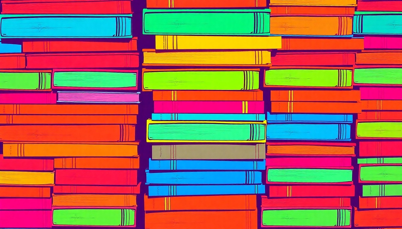 A brightly colored, high-contrast silkscreen print of a stack of books in various vibrant neon colors, repeated in a tight grid pattern, capturing the pop art energy of the Bay Area Book Festival.