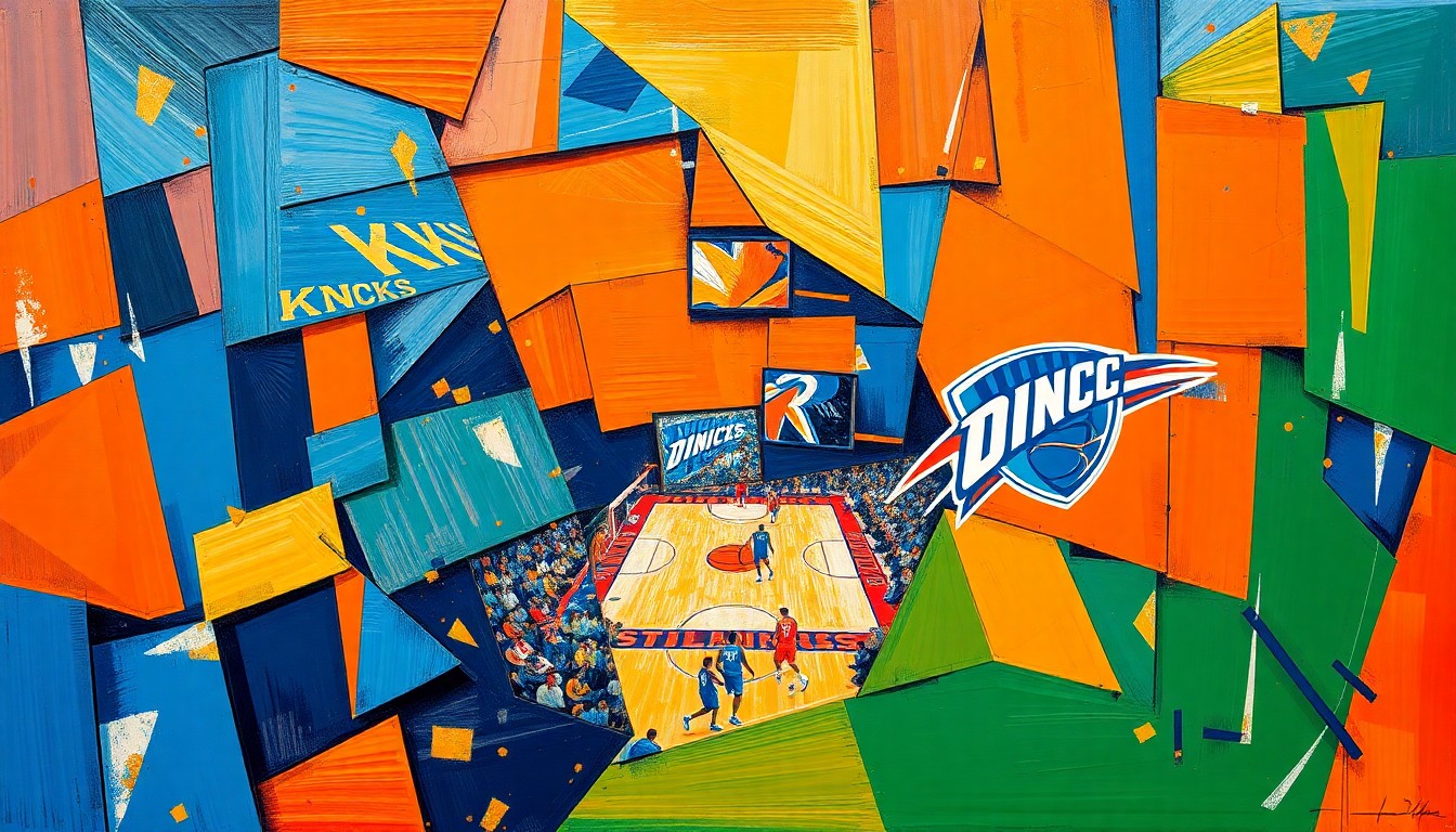 A fragmented, geometric painting depicting a basketball game with overlapping planes of color and shape, capturing the energy and intensity of the Knicks-Thunder matchup.