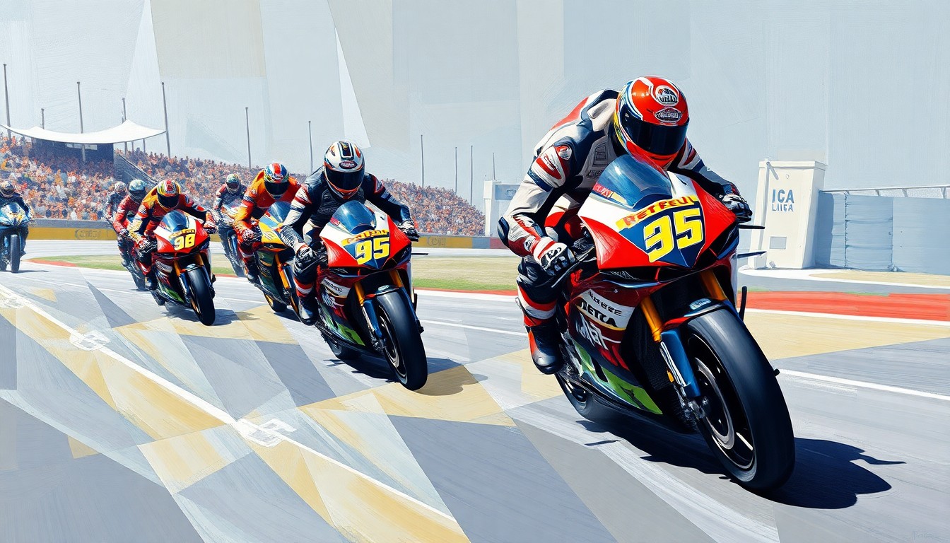 A cubist, geometric painting depicting a MotoGP race scene with overlapping planes of color and shape, capturing the dynamic energy and movement of the sport.