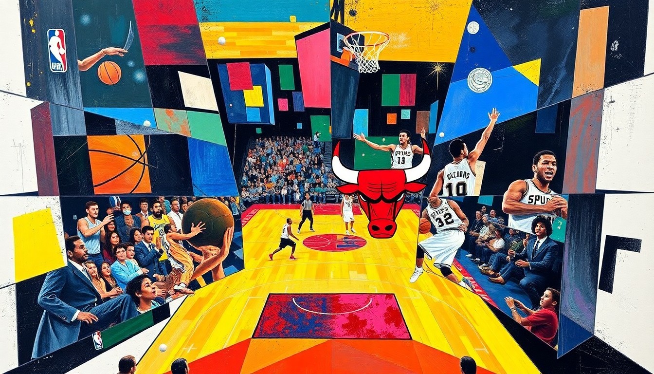 A fractured, multi-perspective painting depicting a basketball game between the San Antonio Spurs and Chicago Bulls. Vibrant colors and sharp geometric shapes create an energetic, dynamic composition that captures the intensity of the matchup.