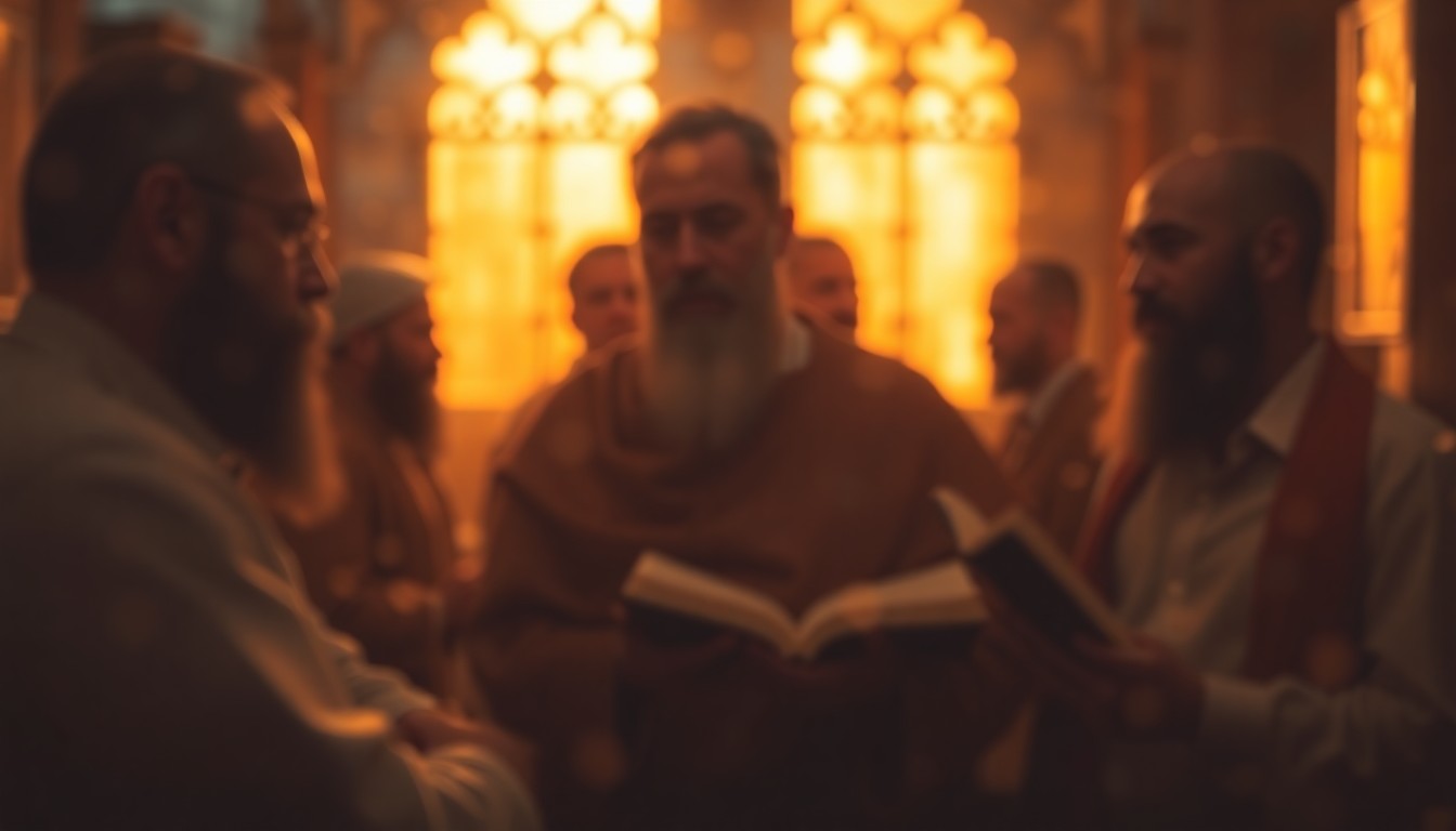 An abstract, impressionistic photograph showing a blurred group of men engaged in religious study, with warm pools of light and color creating a sense of intimacy and contemplation.