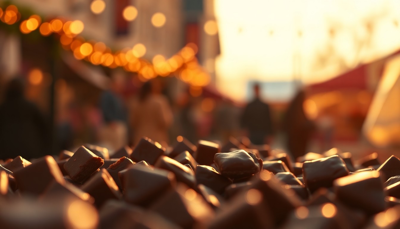 An abstract, out-of-focus scene featuring soft, warm pools of golden light and muted chocolate brown tones, conceptually representing the cozy, indulgent atmosphere of a small-town chocolate festival.