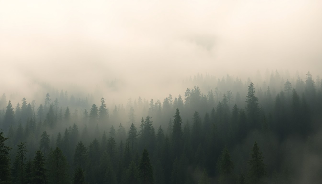 A hazy, atmospheric landscape painting in muted greens and grays, depicting a dense forest canopy dissolving into the misty background, conveying the overwhelming scale and power of nature.