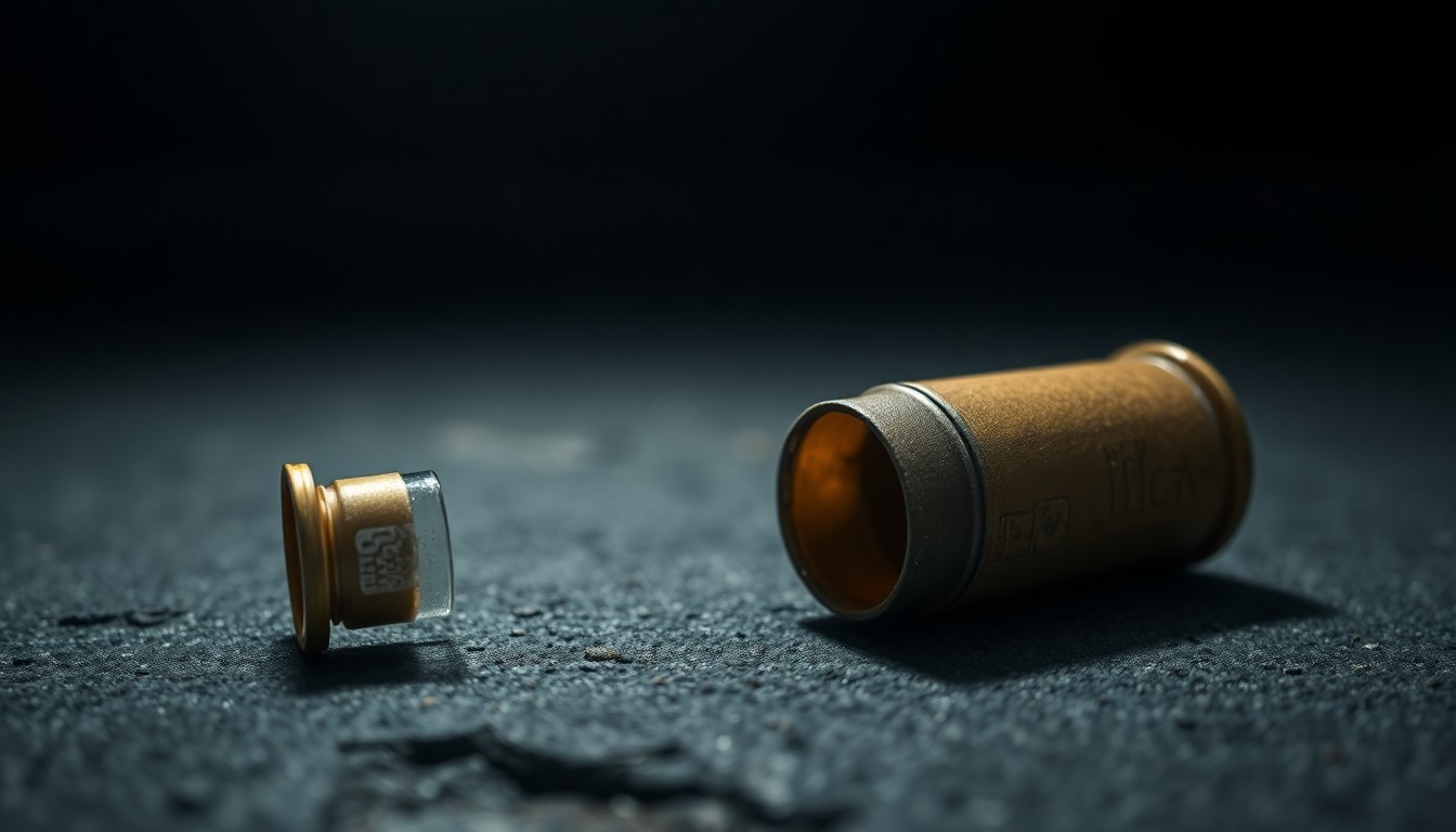An extreme close-up of a shiny brass shell casing on a rough concrete surface, dramatically lit by a harsh camera flash to create a gritty, investigative aesthetic.