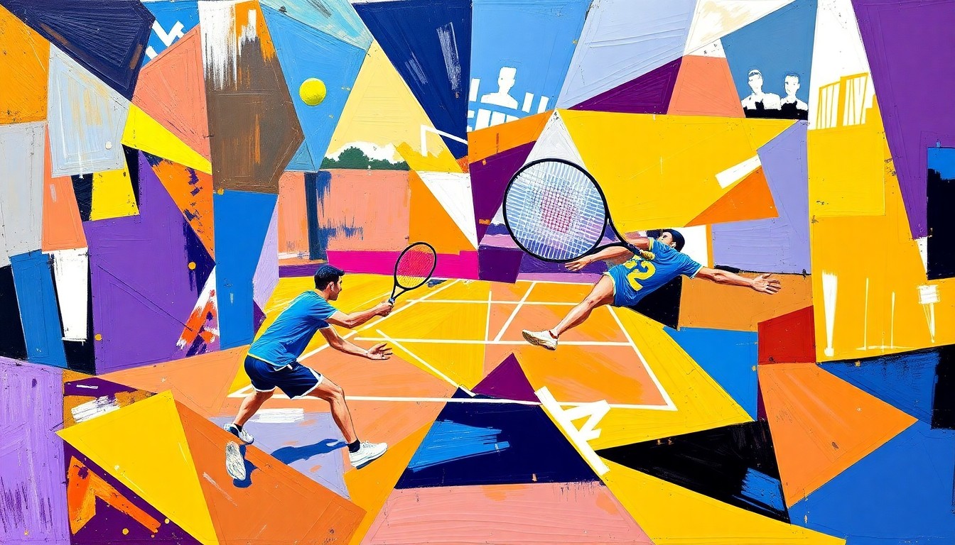A fractured, geometric painting in vibrant shades of purple, gold, blue, and white, representing the competitive energy of a tennis match through an abstract, multi-perspective composition.