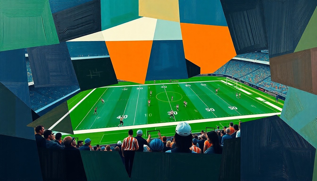 A fragmented, geometric painting depicting various football elements like players, balls, and field lines in a cubist style, using a color palette of navy, green, and orange to conceptually represent the major NFL news stories.