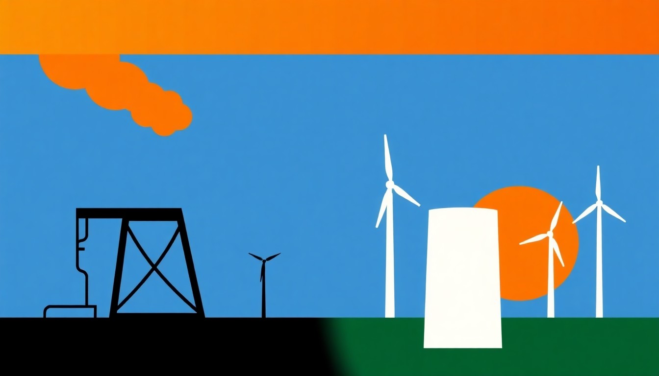 An abstract illustration composed of bold geometric shapes in primary colors, conceptually representing the imbalance of government subsidies favoring the fossil fuel industry over renewable energy alternatives.