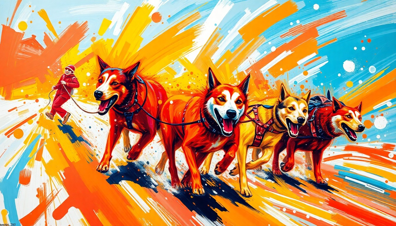 An abstract, expressionist painting in vibrant neon colors, capturing the raw energy and motion of sled dogs racing through the Alaskan wilderness, with the forms of the dogs and their mushers dissolving into dynamic brushstrokes.