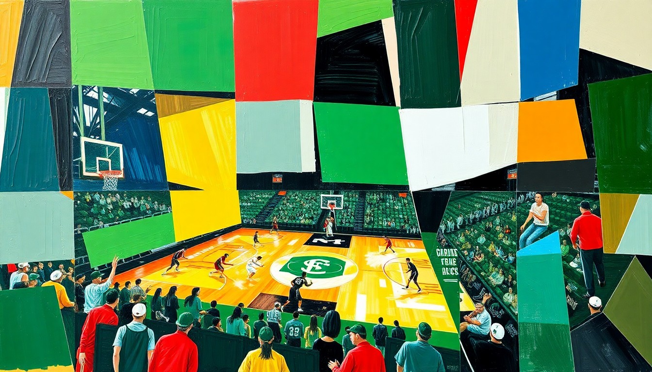 A fragmented, geometric painting in the style of Pablo Picasso, using sharp planes of green, gold, and blue to depict the action and movement of a high school sports game.