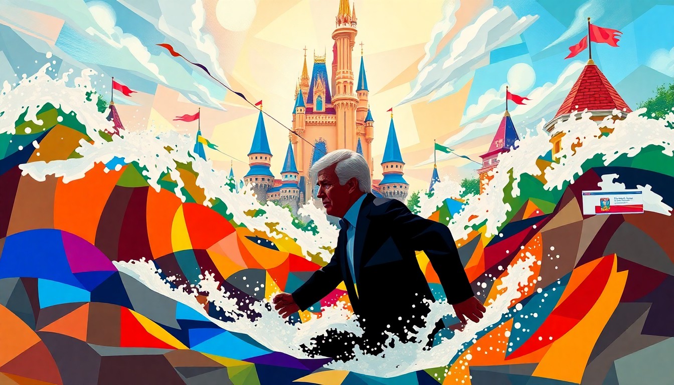 A fractured, abstract painting of a silhouetted figure moving quickly through a colorful, geometric background, representing the political turmoil surrounding a senator's Disney World trip during the government shutdown.