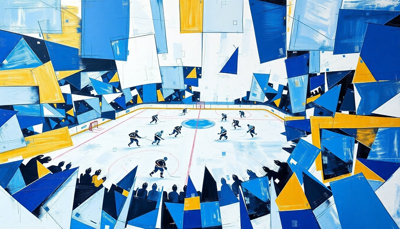 A cubist, geometric painting depicting the energy and intensity of a high-stakes NHL hockey game, with overlapping planes of blue, white, and gold representing the players, puck, and action on the ice.