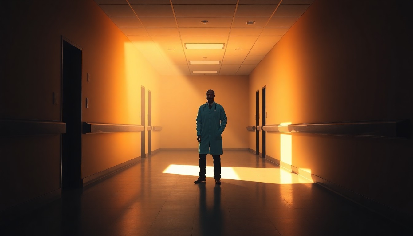 A cinematic painting in the style of Edward Hopper, depicting a lone figure of a doctor standing in an empty, dimly lit hospital hallway, the scene bathed in warm, diagonal sunlight and deep shadows, conveying a sense of solitude and uncertainty.
