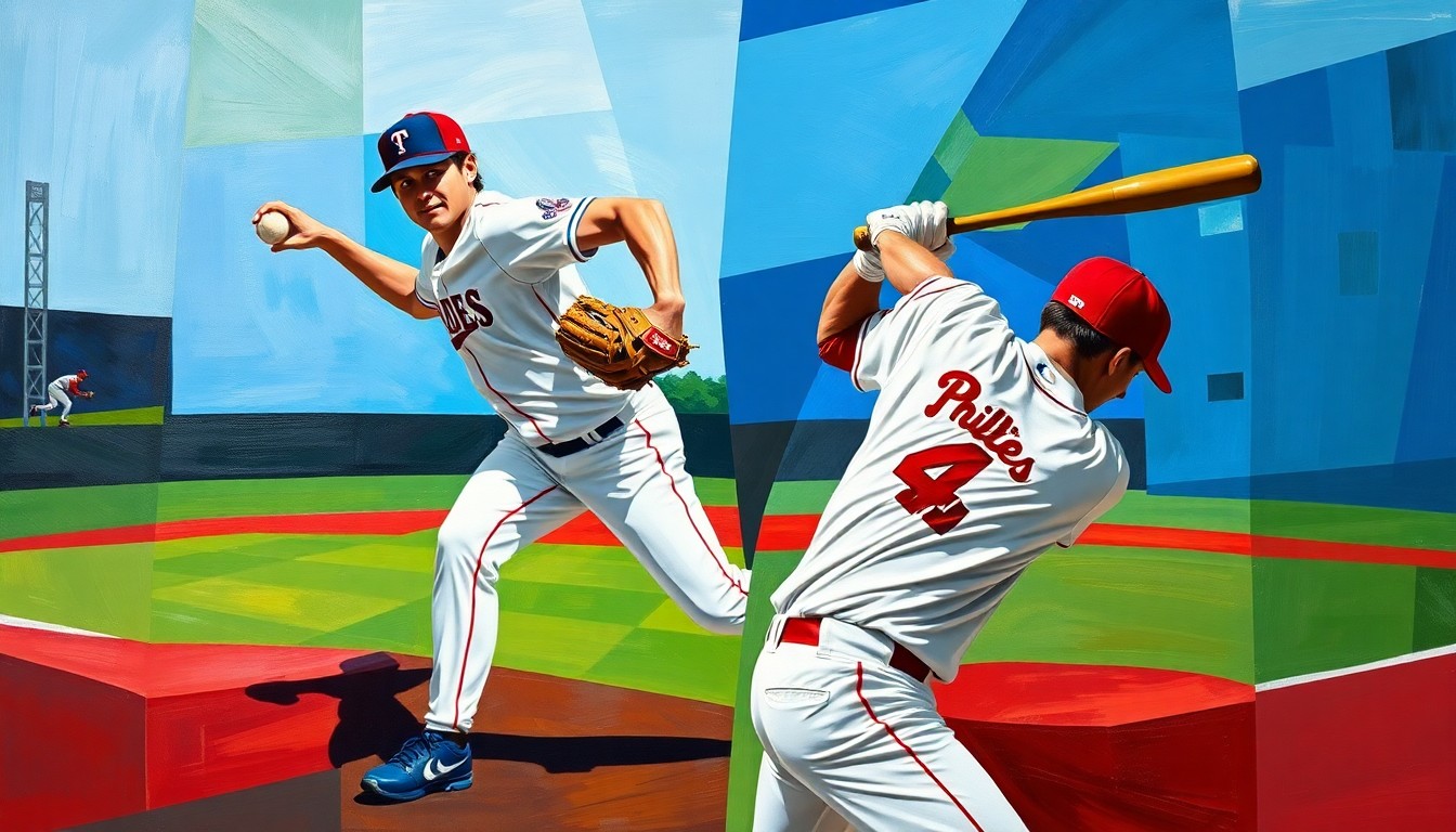 A fragmented, geometric painting depicting a baseball pitcher in his delivery and a batter swinging, with the players' forms broken down into sharp, overlapping planes of color representing the Rangers and Phillies uniforms.