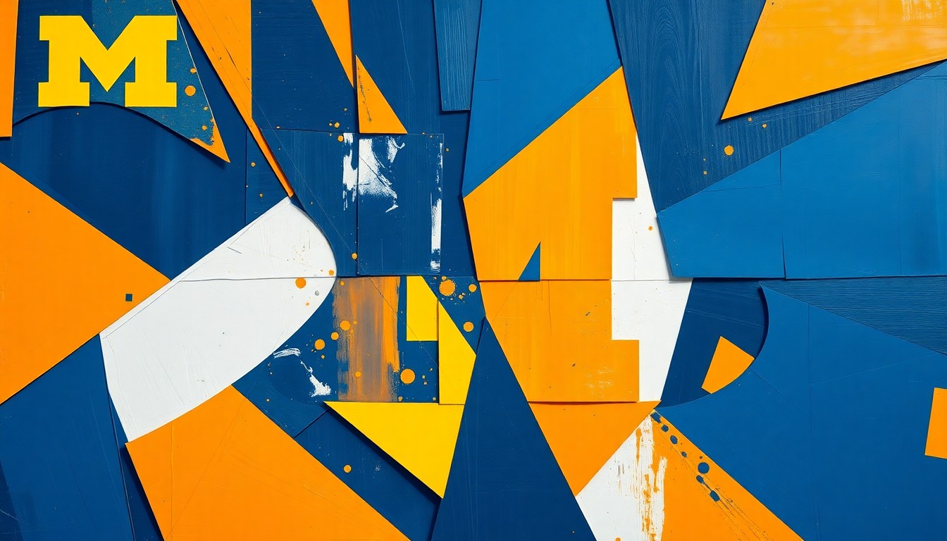 A cubist, geometric painting depicting the action and energy of a college basketball game, with overlapping planes of bright colors representing the two teams in competition.