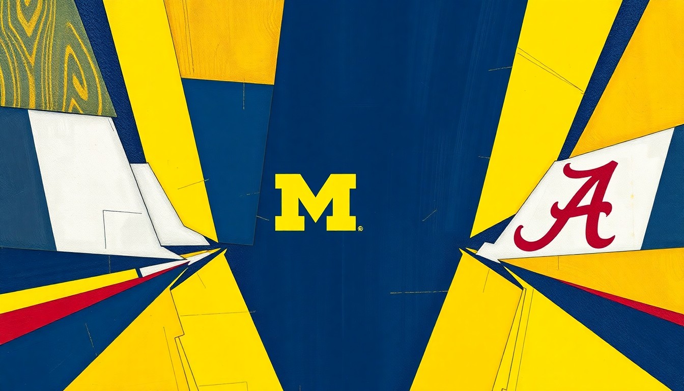 A cubist, geometric painting featuring overlapping planes of navy blue, maize yellow, and crimson red, conceptually representing the intense basketball action and competition between Michigan and Alabama.