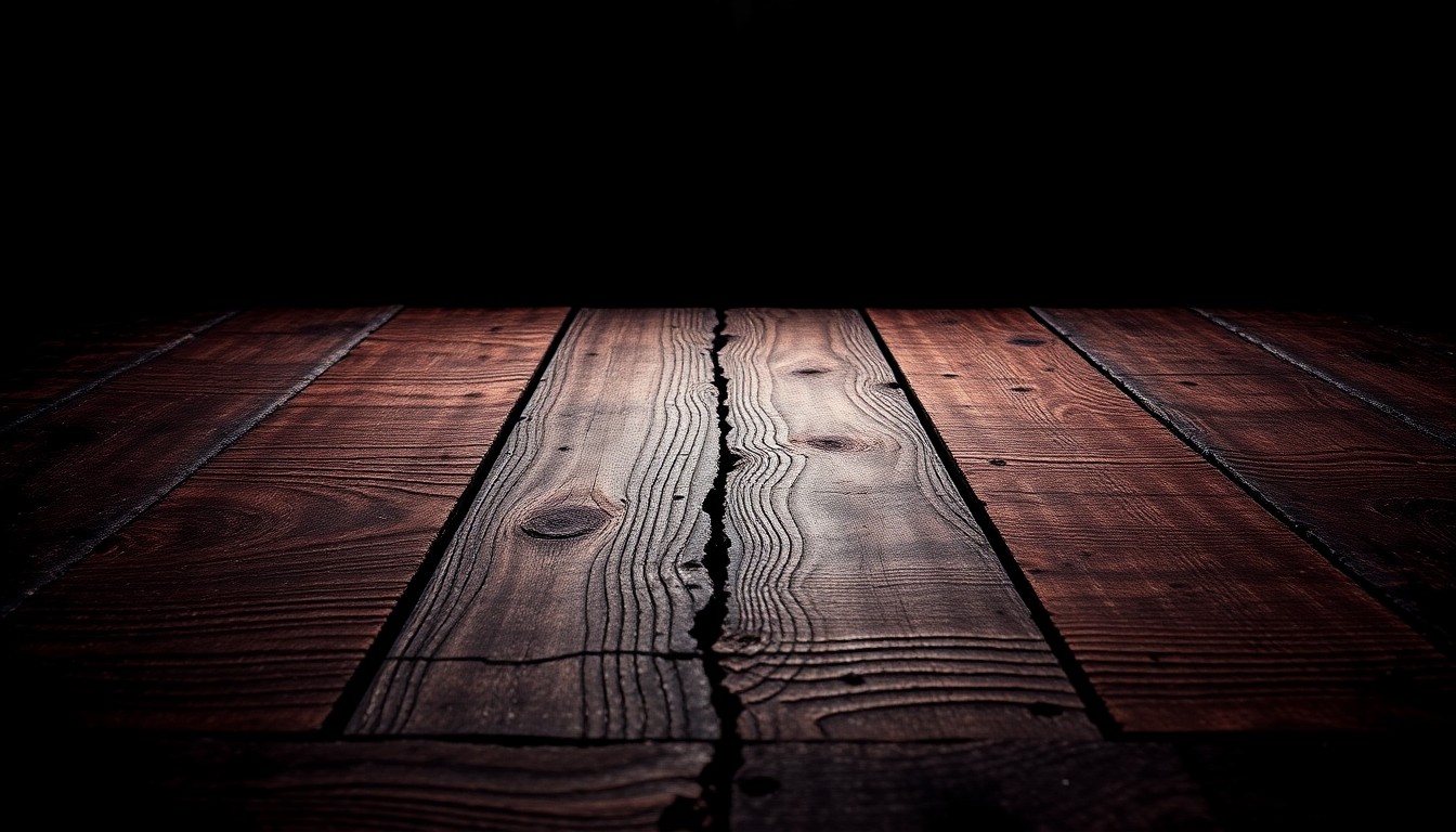 An extreme close-up photograph of a weathered, textured wooden stage, capturing the gritty, rustic charm of a live music venue.