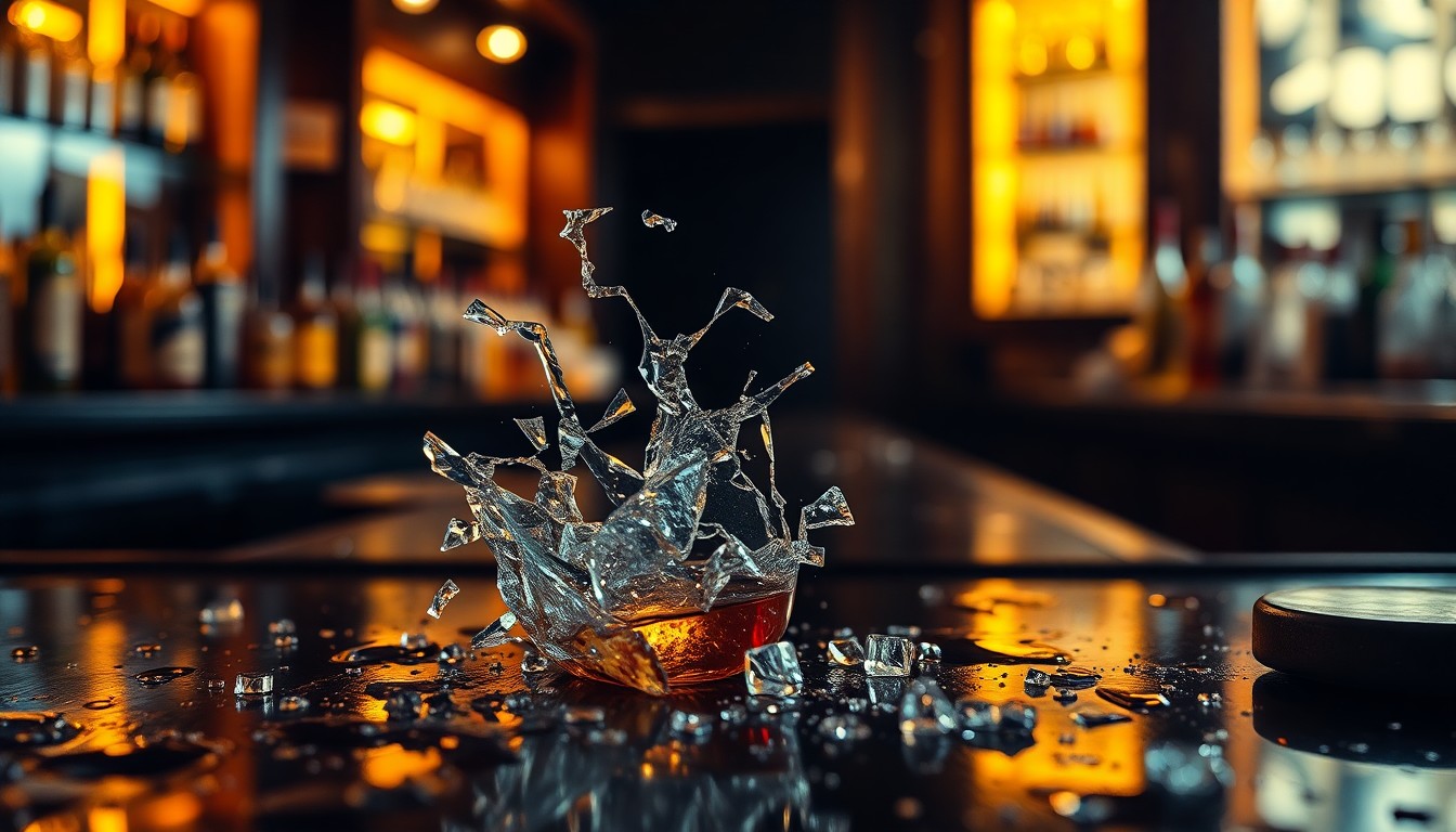 An abstract close-up image of broken glass and spilled liquor on a bar counter, captured with dramatic lighting to create a gritty, high-fashion aesthetic that conceptually represents the challenges facing a small business owner.