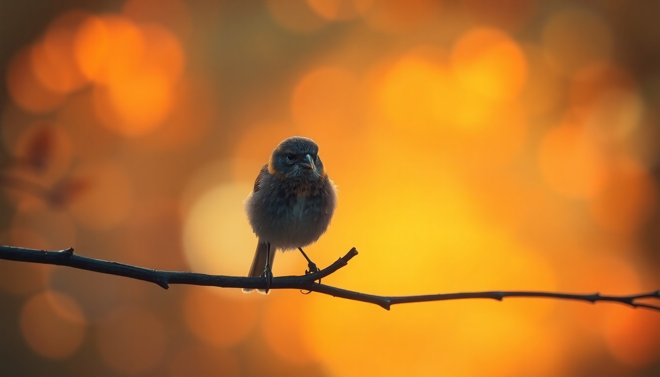 An abstract, out-of-focus photograph of a bird perched on a branch, with soft, warm pools of light and color in the background, conceptually representing the tranquility and wonder of birdwatching.