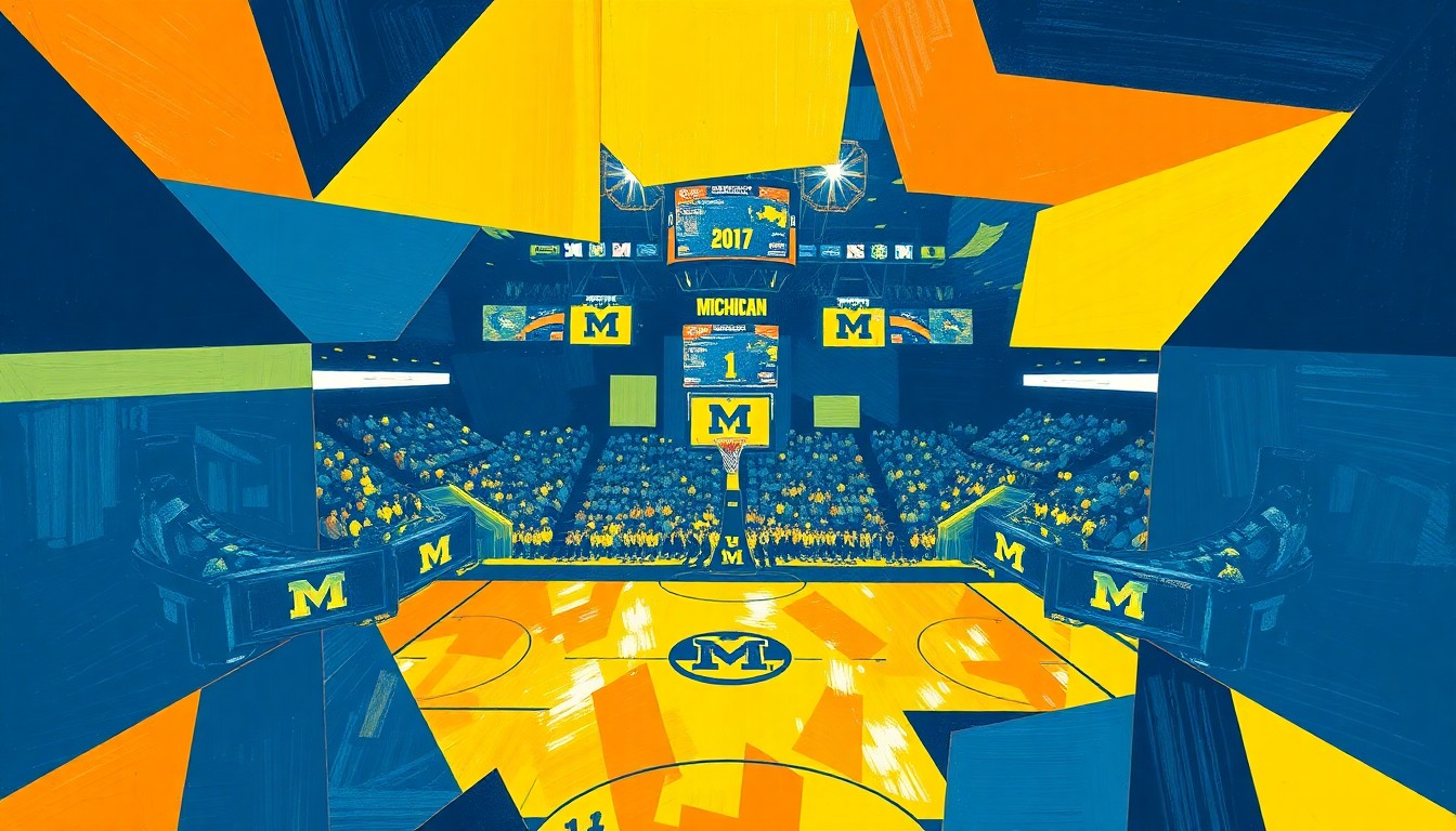 A cubist, geometric painting depicting a basketball game in motion, with overlapping planes of bright blue and yellow colors representing the dynamic action on the court.