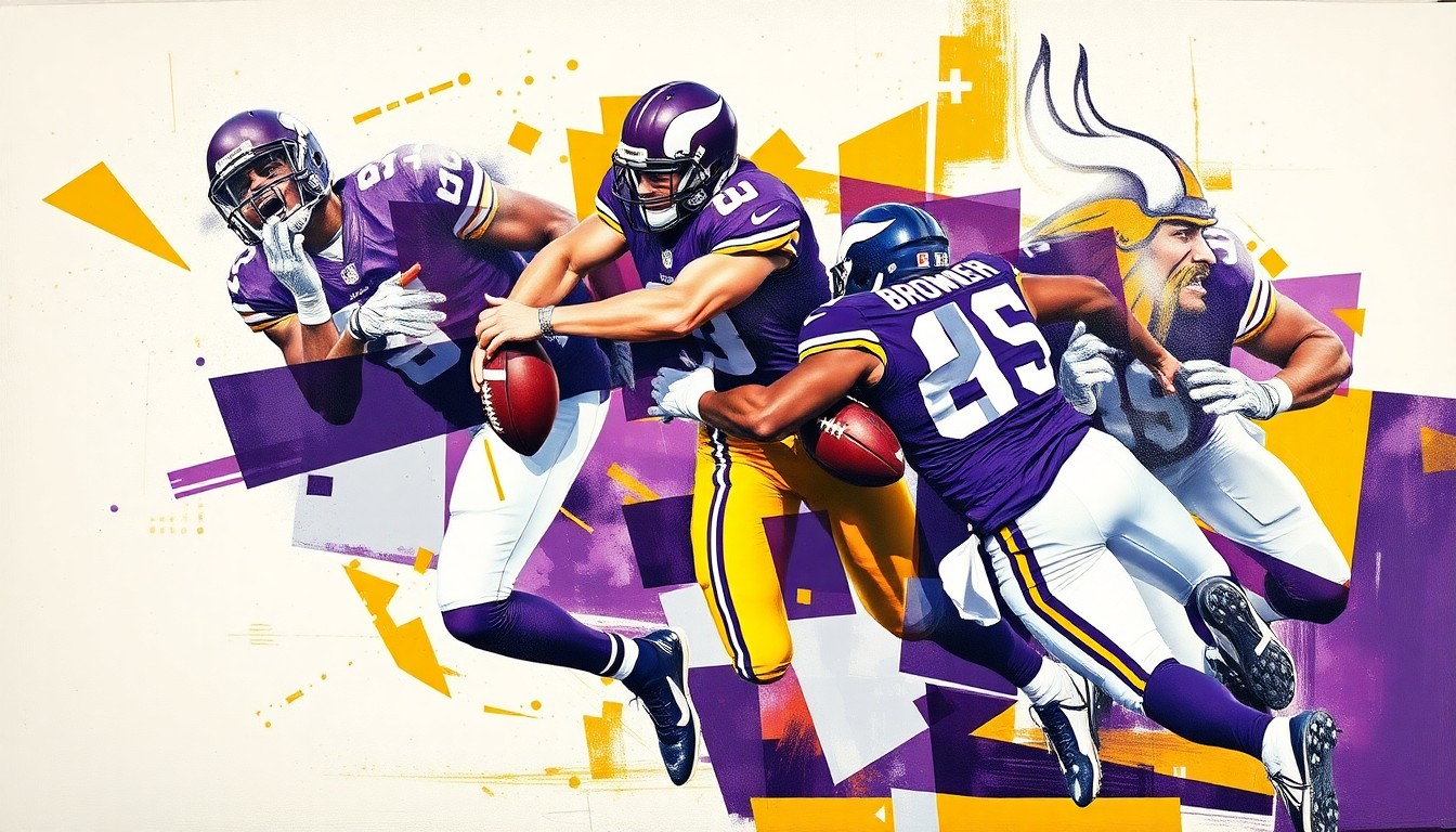 A fragmented, geometric painting depicting a Vikings defensive play, with sharp, overlapping shapes and planes in the team's colors of purple, gold, and white, representing the aggressive and multifaceted nature of Joey Browner's safety play.