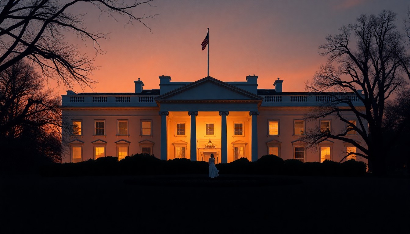 A moody, cinematic painting of the White House at dusk, with a large addition visible in the background, its design elements obscured by warm light and deep shadows, conceptually illustrating concerns about the impact of the proposed ballroom on the historic landmark.