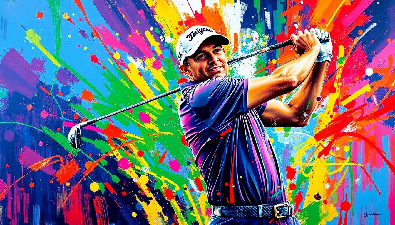 An abstract expressionist painting in vibrant neon colors, capturing the raw energy and emotion of a professional golfer's triumphant swing and fist-pump, the details dissolving into unrecognizable brushstrokes.