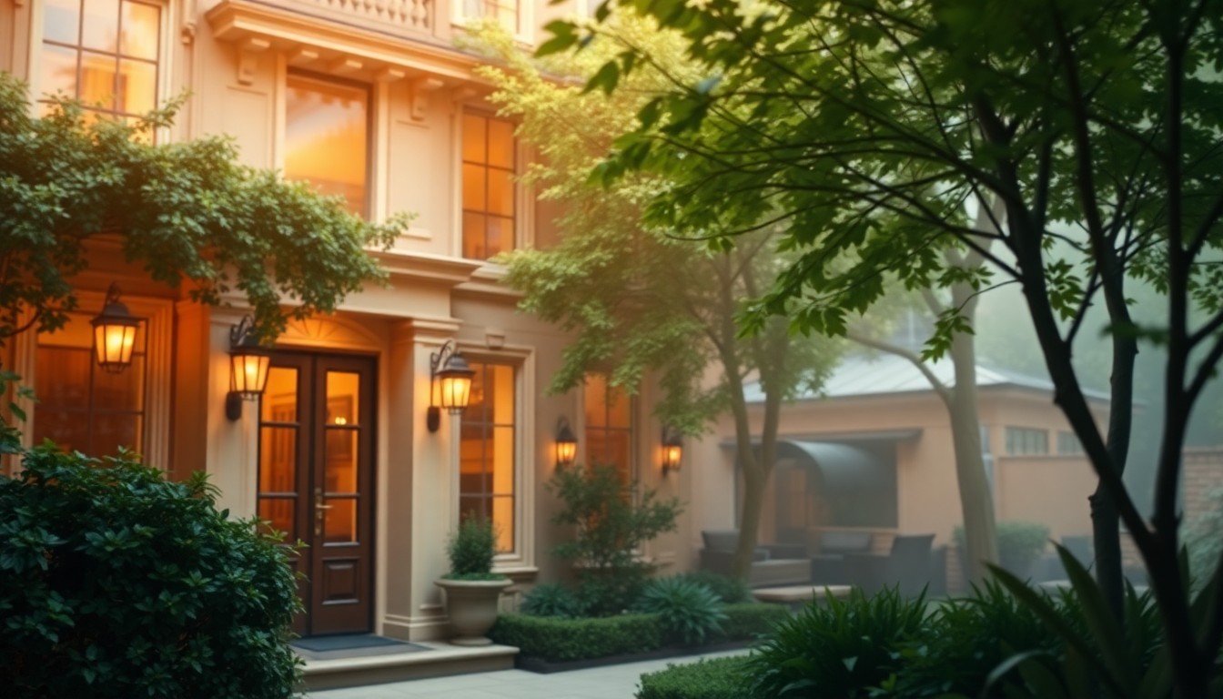 An abstract, out-of-focus photograph in warm, soft tones depicting the exterior of an elegant townhome surrounded by lush greenery, conceptually representing the luxurious and carefree living experience offered by the property.
