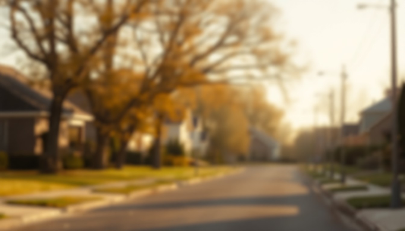 An abstract, out-of-focus photograph in warm, golden tones, depicting the blurred silhouettes of houses and trees on a suburban neighborhood street.