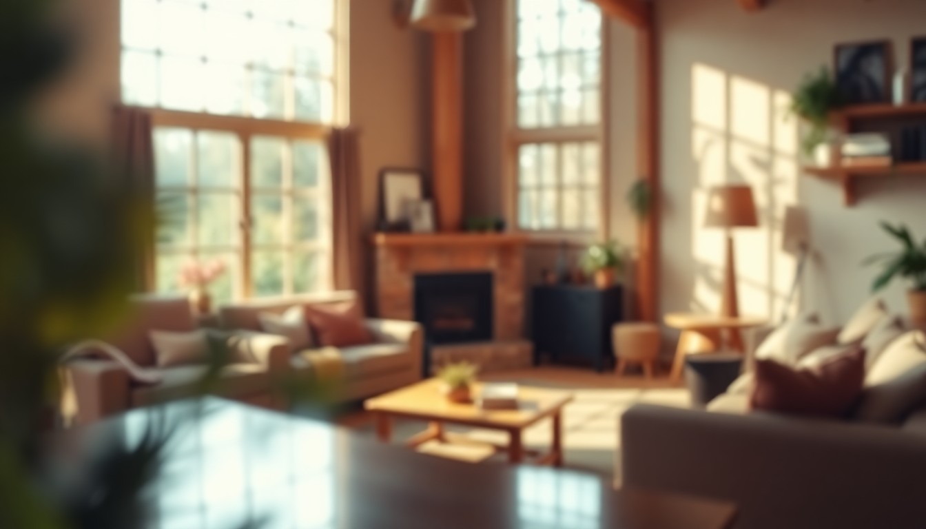 An abstract, out-of-focus photograph in shades of amber, ochre, and sage depicting the warm, inviting interior of a cozy living space with natural light filtering through large windows.