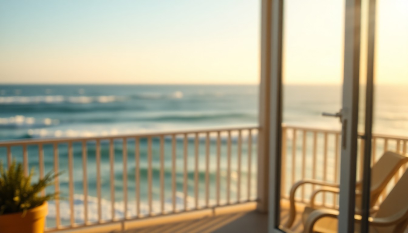 A dreamy, impressionistic photograph of an oceanfront balcony, with the waves and horizon blurred into soft, warm pools of light and color.