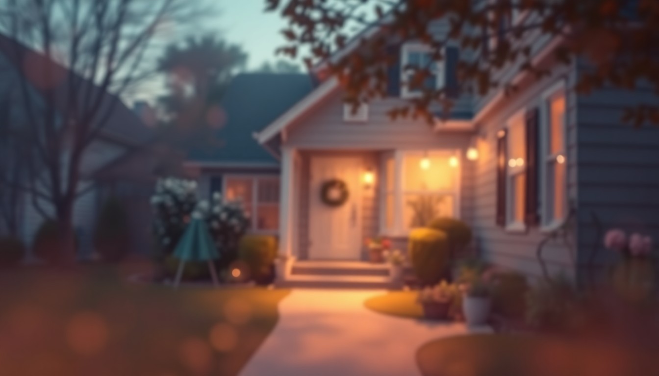 An extremely abstracted, out-of-focus photograph of a residential home exterior, with soft, warm pools of light and color creating a dreamlike, inviting atmosphere.