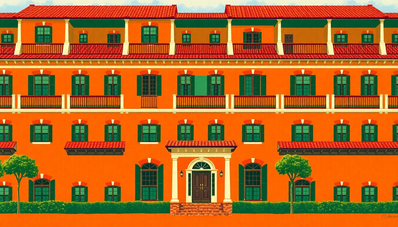 A brightly colored, high-contrast silkscreen print of a classic colonial-style house facade repeated in a tight grid pattern, using a vibrant color palette of deep forest green, warm terracotta, and sky blue to capture the timeless elegance of the home.