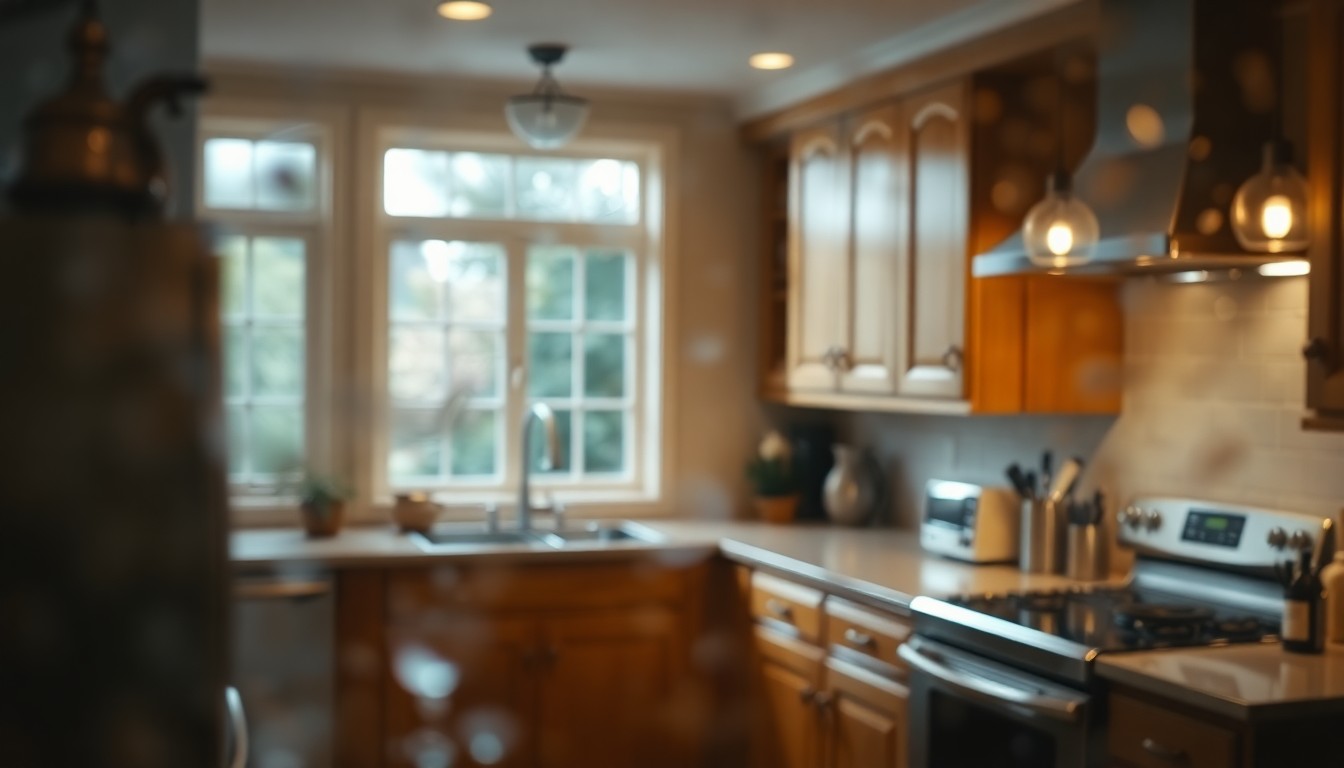 An extremely blurred, impressionistic photograph showing the warm glow and soft focus of a well-appointed kitchen, conceptually representing the cozy, inviting atmosphere of a recently renovated home.