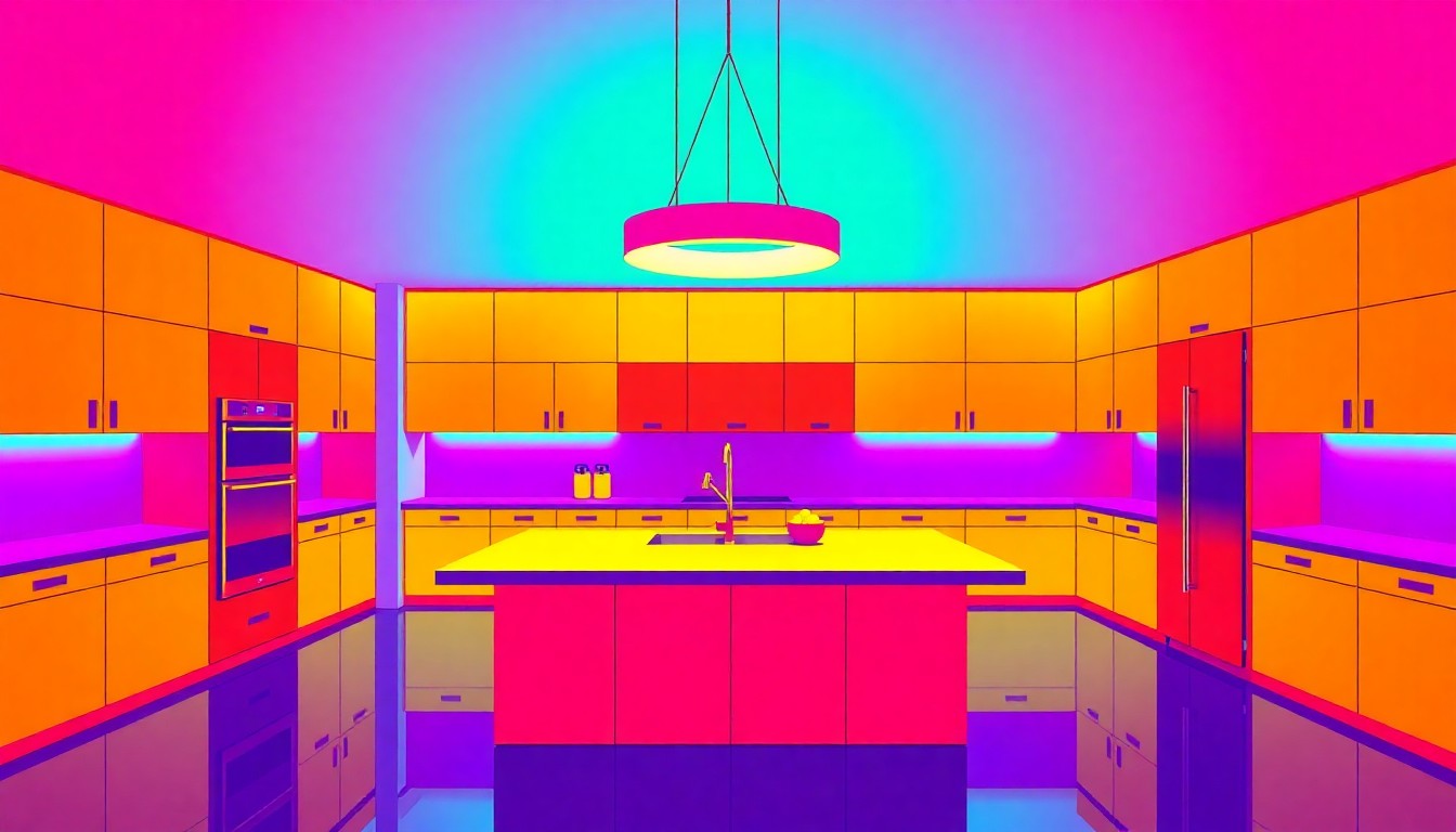 A brightly colored, high-contrast silkscreen print of a modern kitchen island with a large pendant light fixture, repeated in a grid pattern using flat, neon colors and heavy black outlines to create a stylized, pop art representation of an everyday lifestyle object.