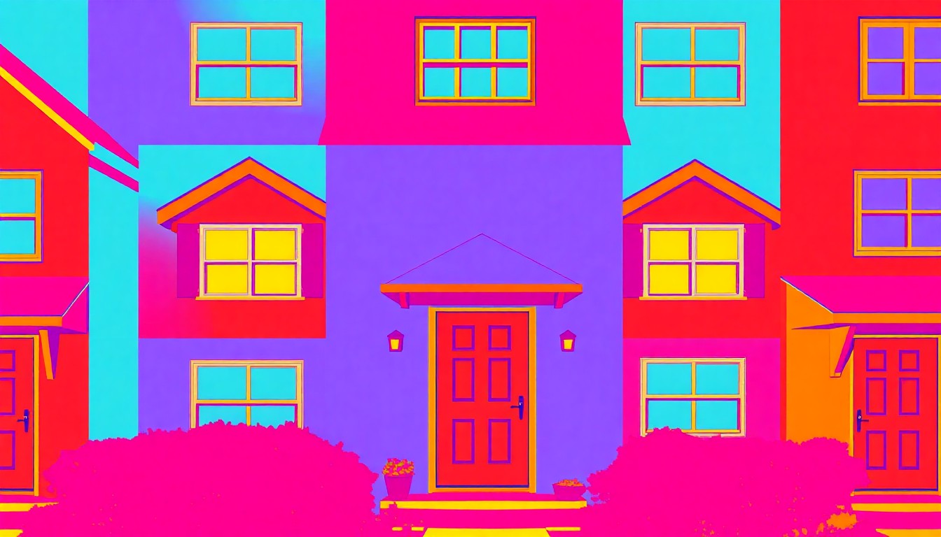 A brightly colored, high-contrast silkscreen print of a residential home exterior, with the front door, windows, and roof repeated in a tight grid pattern using vibrant neon colors and heavy black outlines, creating a modern pop art interpretation of a typical suburban scene.