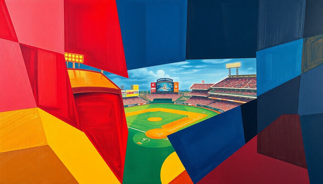 A fragmented, cubist-style painting depicting a baseball game, with the players and field broken down into sharp, overlapping geometric shapes in shades of crimson, navy, and gold, capturing the intensity and strategic nature of the closely contested series.
