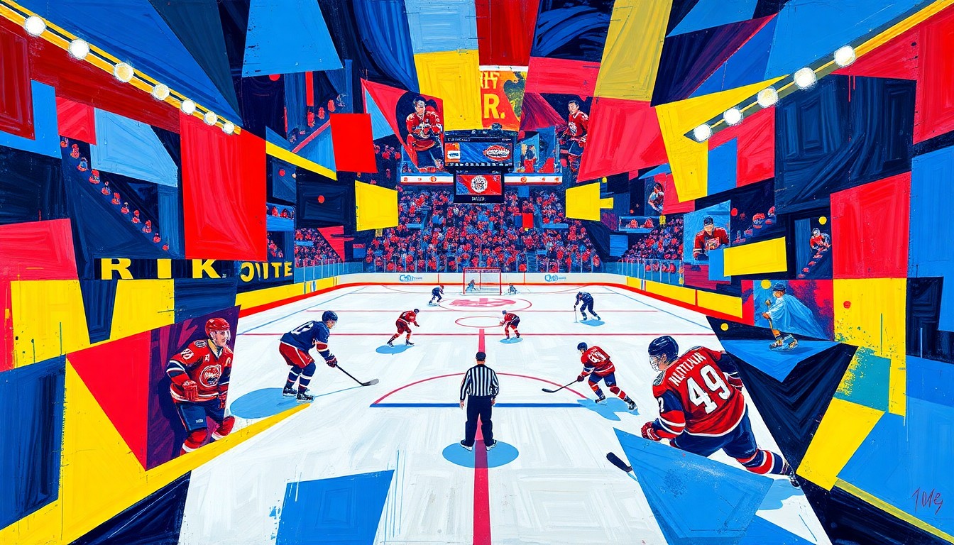 A cubist, geometric painting depicting a hockey game with overlapping planes of blue, red, and yellow, representing the teams' uniforms, without any identifiable players or logos.