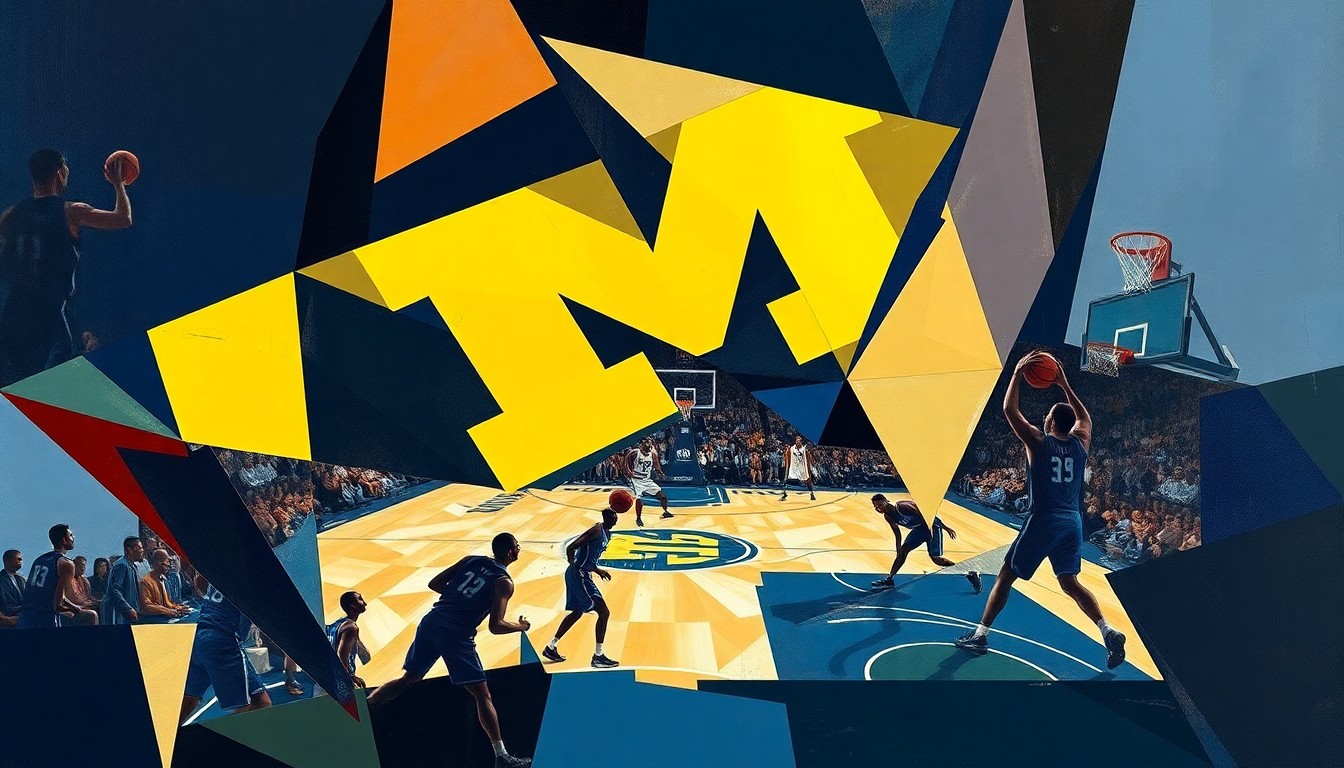 A vibrant, fractured painting in the style of Pablo Picasso, breaking down a basketball game into overlapping planes of color and geometric shapes, conveying the dynamic energy of the sport.