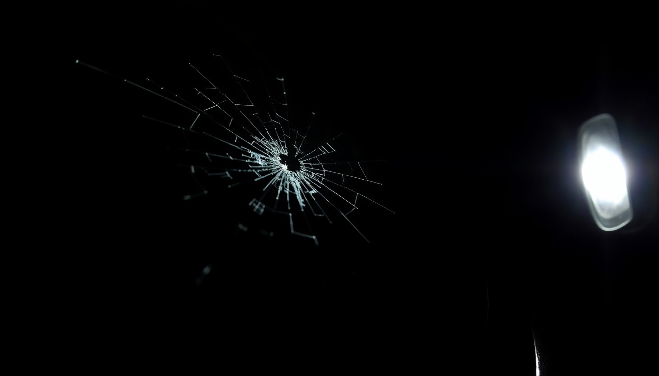 An extreme close-up photograph of a damaged car part, such as a cracked windshield or side mirror, captured with a harsh, direct flash against a dark background, conveying a sense of the gritty, investigative nature of this incident.