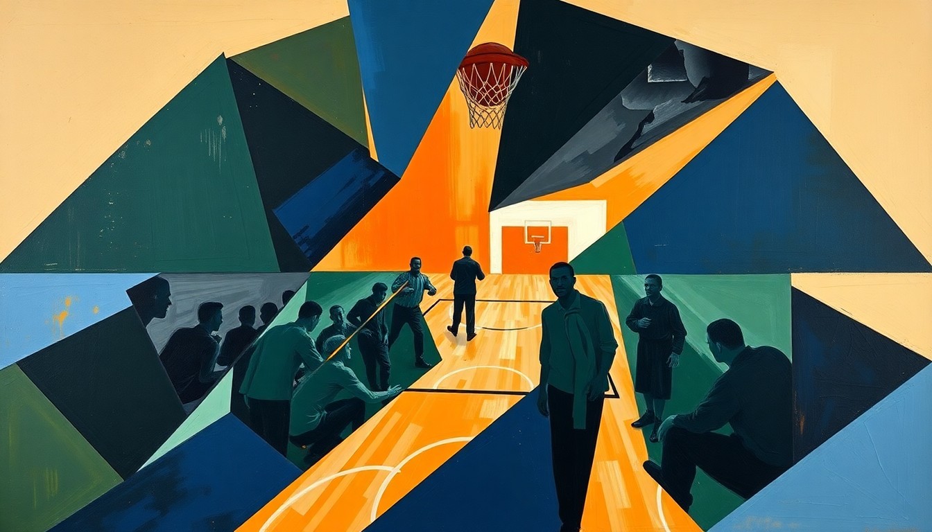 A cubist, geometric painting depicting fragmented, overlapping shapes in navy, green, and orange, representing the complex dynamics of a basketball coaching decision.