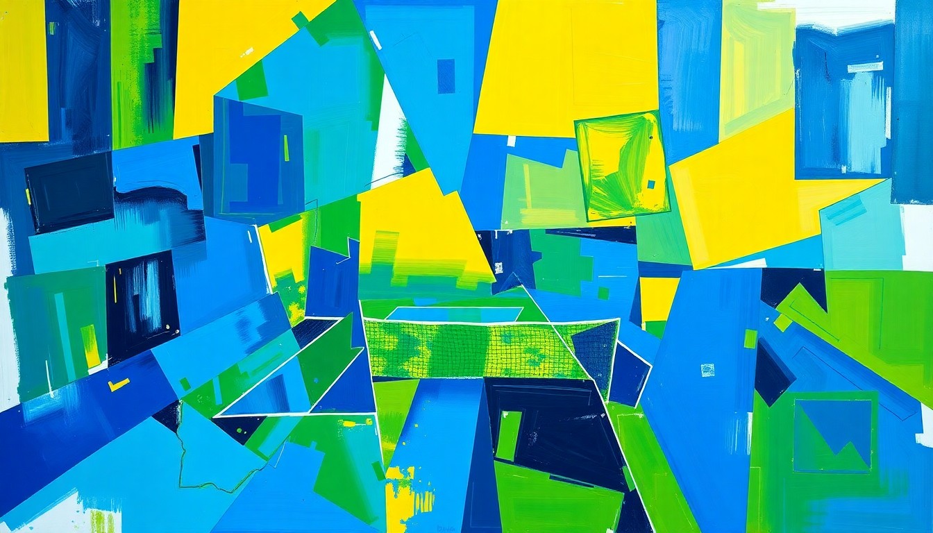 A cubist-style painting depicting the Miami Open tennis championship match between Sinner and Lehecka, with the players and court broken down into sharp, overlapping geometric shapes in vibrant colors.