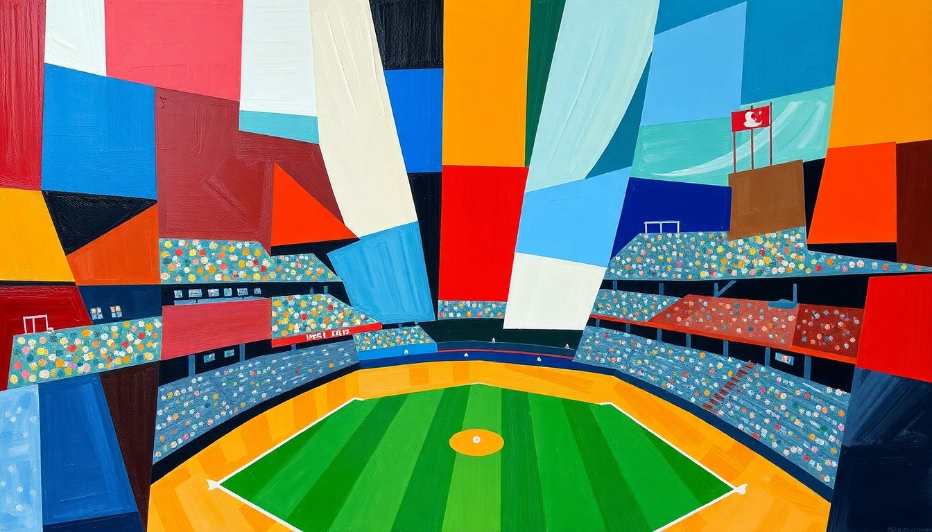 A fragmented, geometric painting depicting a baseball game, with sharp planes of color representing the shifting dynamics within the sport.