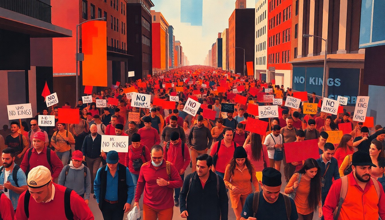 A dynamic, abstract painting of a crowd of protesters marching, their figures repeated in overlapping, geometric waves of bright colors, conveying the energy and momentum of the demonstration.