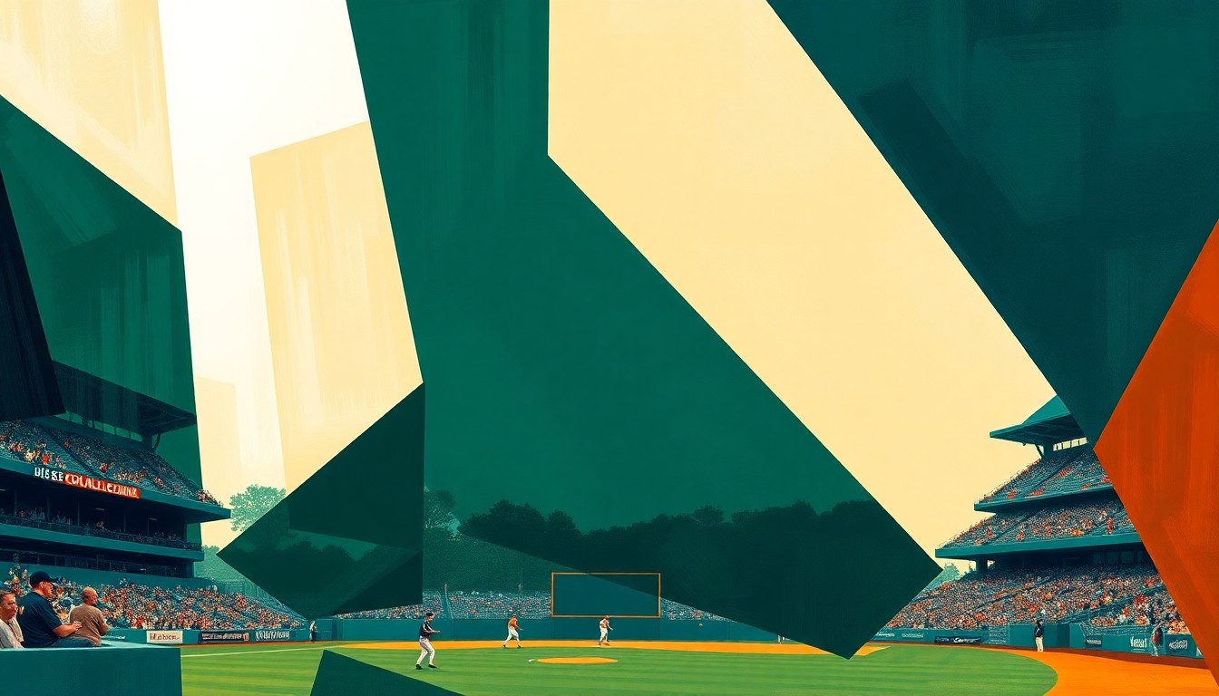 A fragmented, geometric painting depicting the chaotic motion and competing perspectives of a college baseball game, with sharp planes of green, blue, and orange creating a sense of dynamic energy.