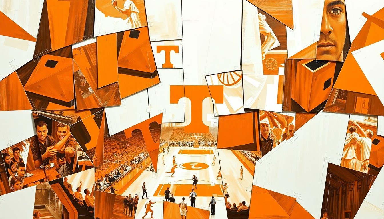 A cubist, geometric painting depicting a Tennessee basketball game or match, with the action broken down into sharp, overlapping planes of the team's signature orange and white colors.