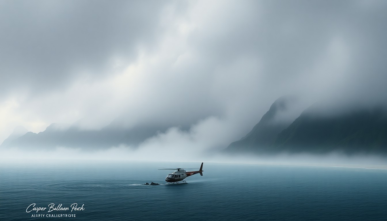 A vast, atmospheric landscape painting in muted tones of gray, blue, and green, depicting the remote Kalalau Beach on the Hawaiian island of Kauai shrouded in heavy fog. The remnants of a crashed helicopter are barely visible in the distance, dwarfed by the overwhelming scale of the natural environment.
