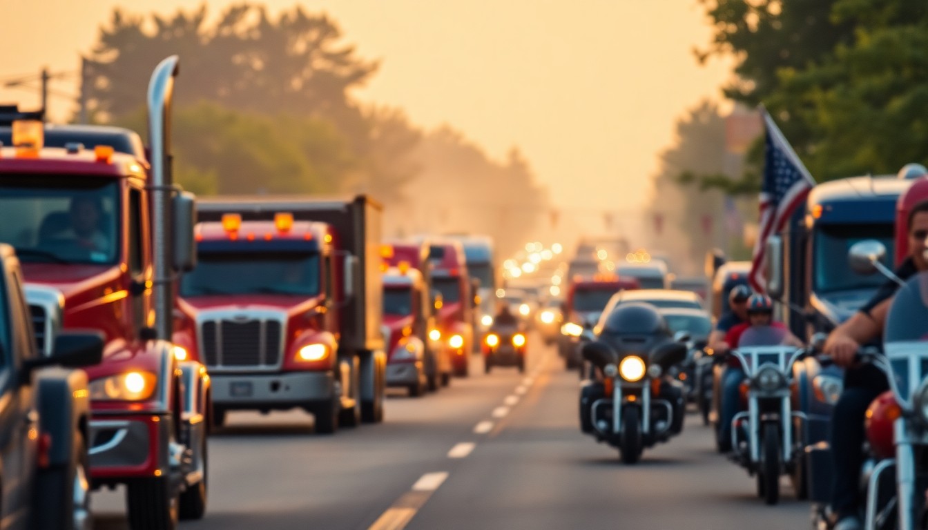 An extremely abstracted, out-of-focus photograph of a parade of vehicles in warm, blurred colors, conveying the celebratory atmosphere of the community event for a young boy facing a medical challenge.