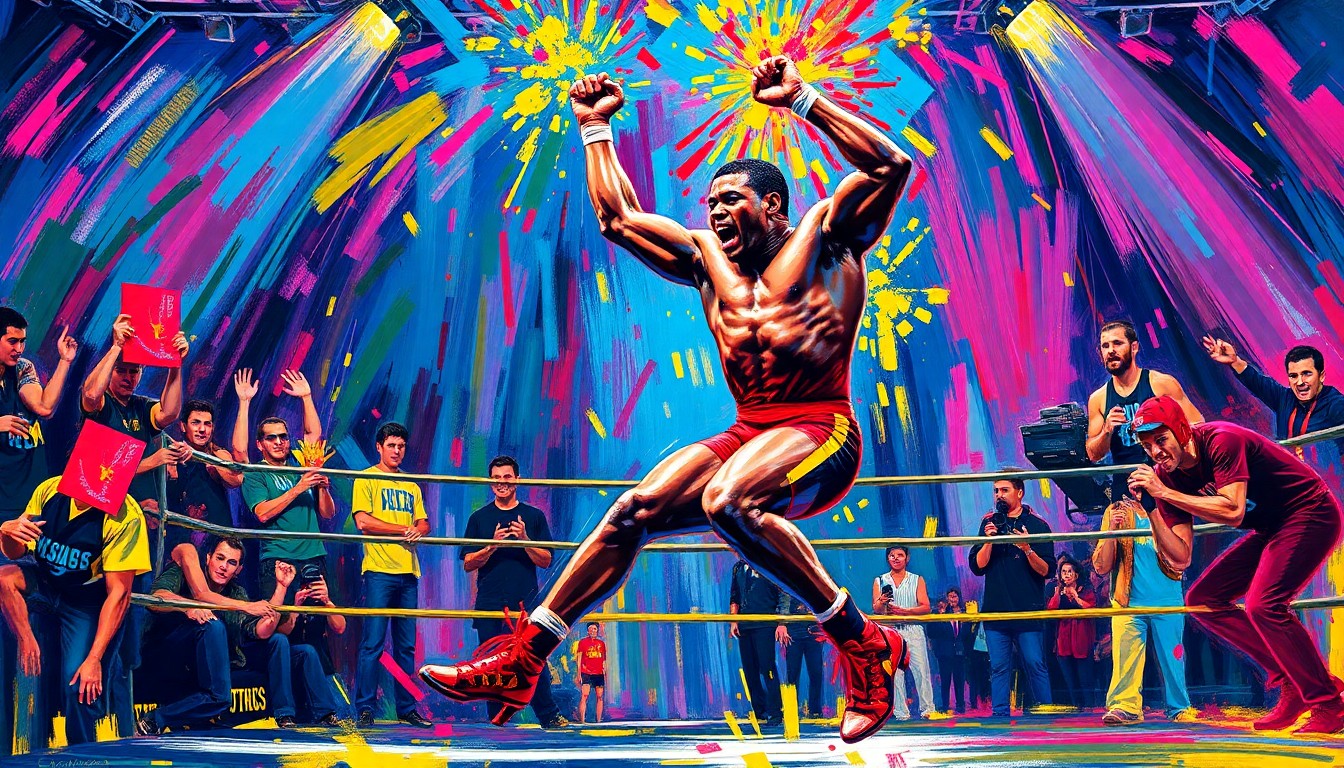 An extreme close-up of Elijah Brown's face and upper body, rendered in a vibrant, expressionist style with rapid brushstrokes and neon colors, capturing the raw energy and intensity of his wrestling victory.