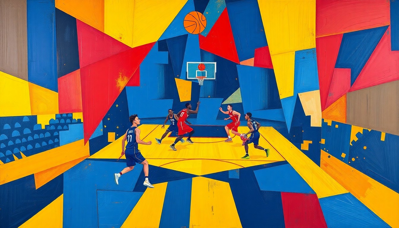 A cubist, geometric painting depicting fragmented basketball players and a ball in a dynamic, overlapping composition using bold navy, red, and yellow colors.