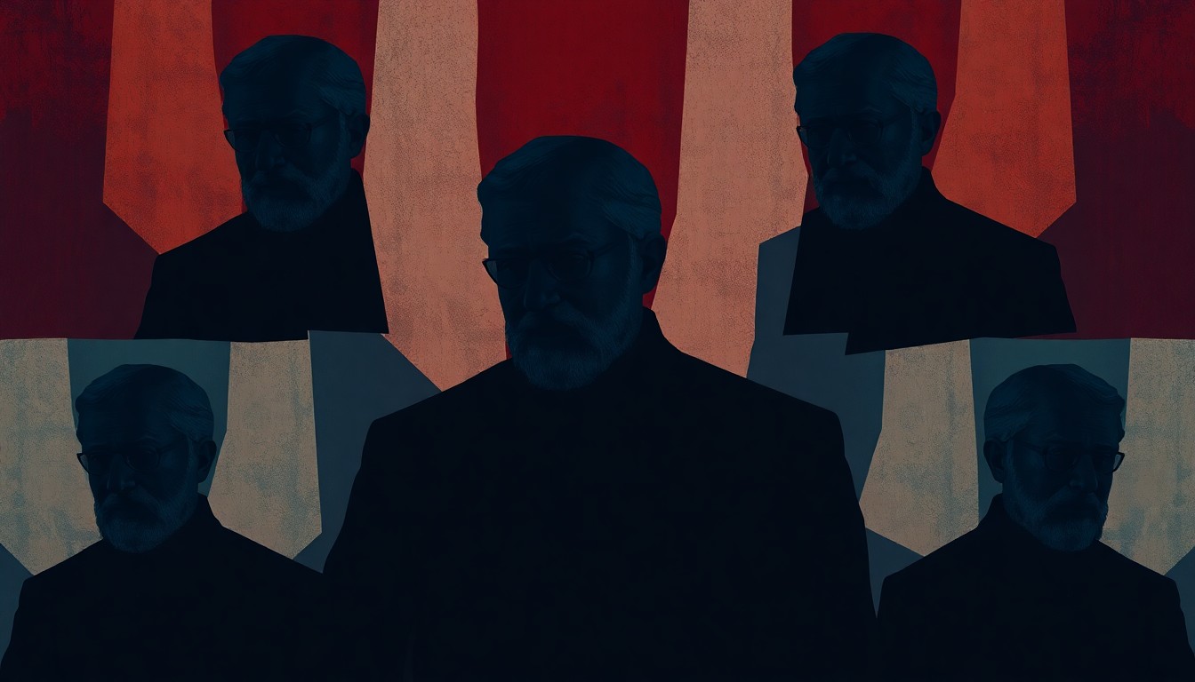 A dynamic, abstract painting featuring overlapping, fragmented shapes in shades of blue, grey, and red, conveying a sense of motion and tension around the targeting of Iranian officials.